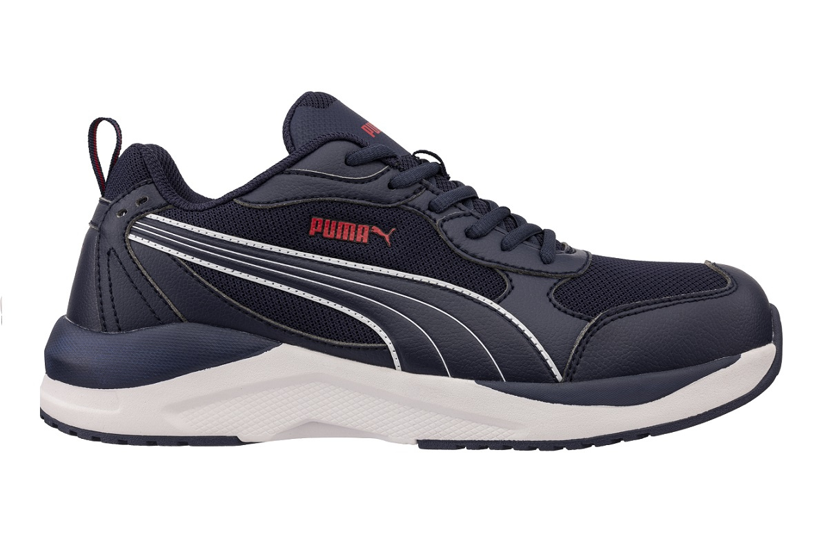 Buty robocze Puma Shift Blue Low S1PS 64.773.0 granatowe, widok z boku z widocznym logo PUMA