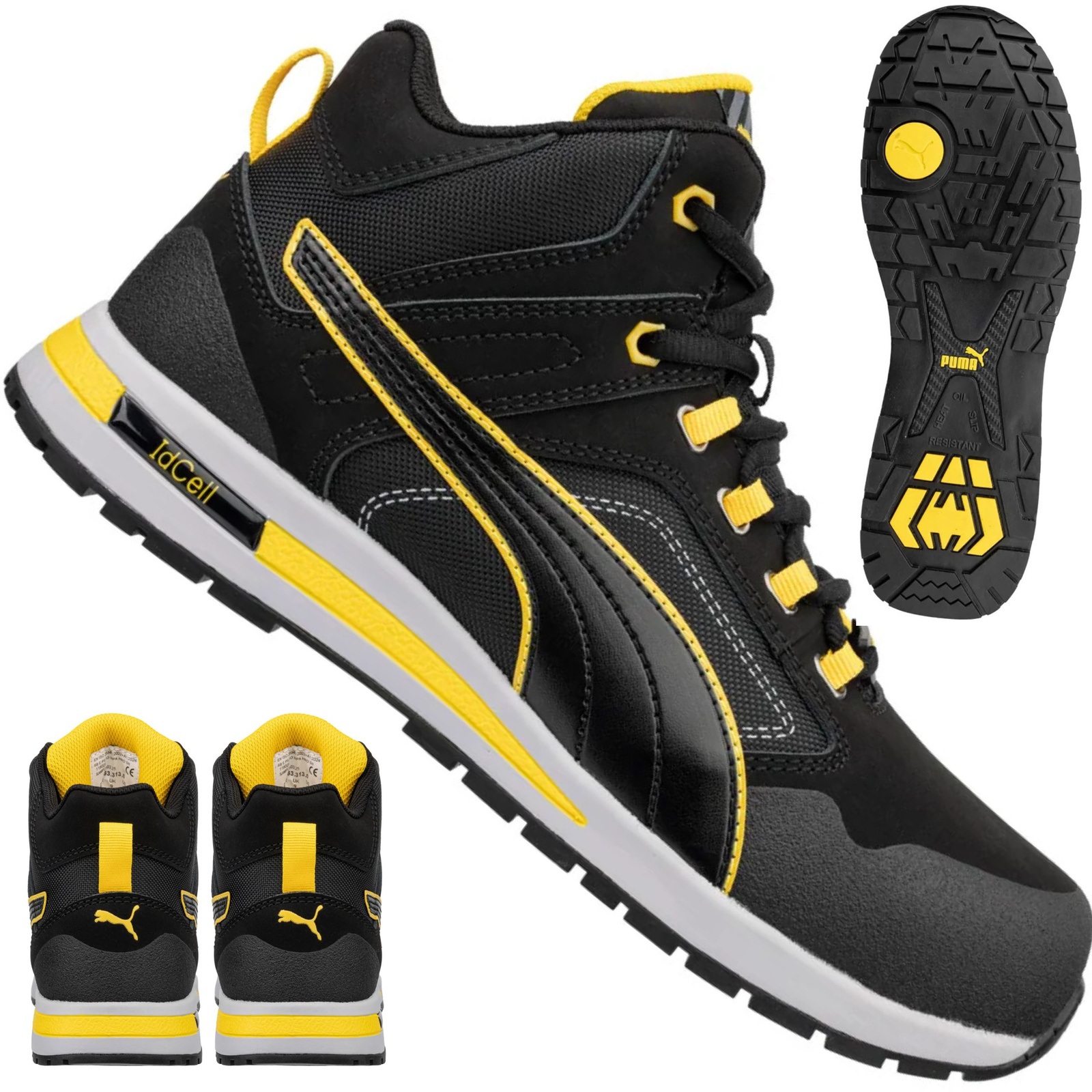 Zbliżenie na piętę butów Puma Crosstwist Black SB 63.313.0 z widoczną wstawką amortyzującą IdCELL i żółtymi detalami