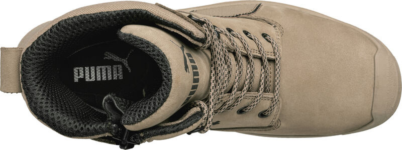 But Puma Conquest Stone High S3 63.074.0 widok z przodu i z boku na cholewkę