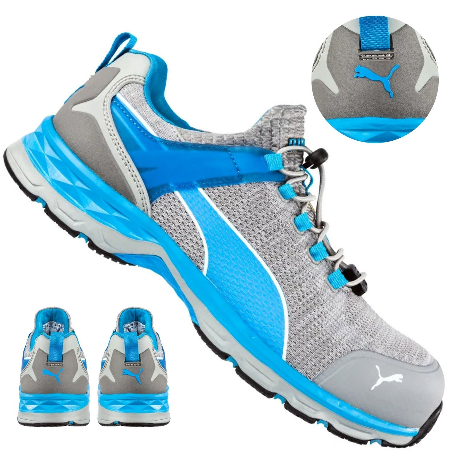 Ogólny widok szarych półbutów ochronnych Puma Xcite Grey Low S1P 64.386.0 rozmiar 41 na białym tle