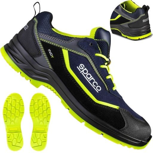 Buty Sparco Indy Baltimora S3 widok z różnych stron z podkreśleniem neonowej podeszwy