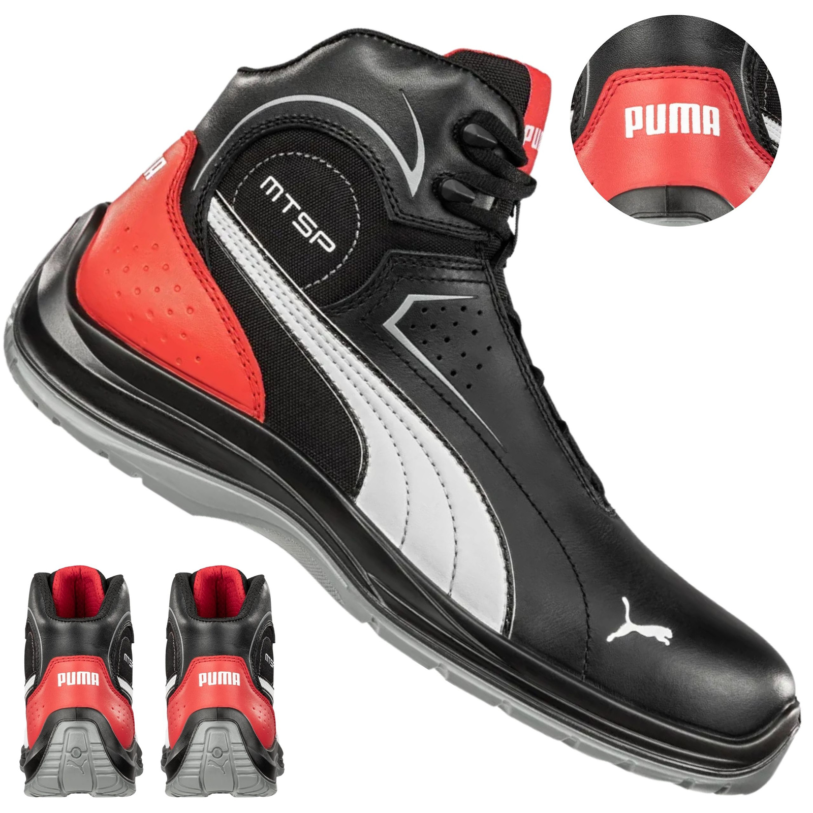 Tył trzewika ochronnego Puma Touring Black Mid S3 z czerwonym wzmocnieniem pięty i logo Puma