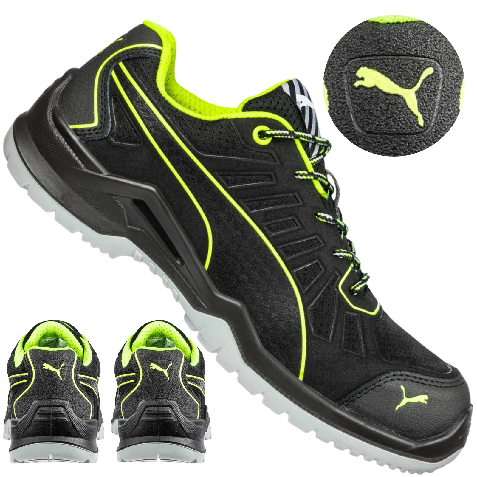 Zbliżenie na oznaczenie ESD i logo Puma w modelu Fuse Tc Green Low S1P