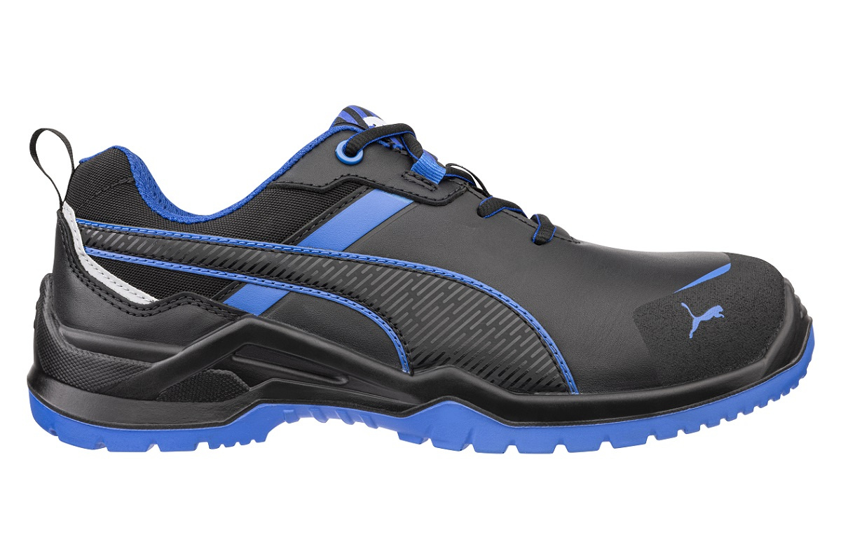 Puma Krypton Blue Low S3S widok z boku – czarne półbuty robocze z niebieską podeszwą