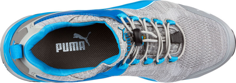 Zbliżenie na sznurowanie i język butów ochronnych Puma Xcite Grey Low S1P 64.386.0