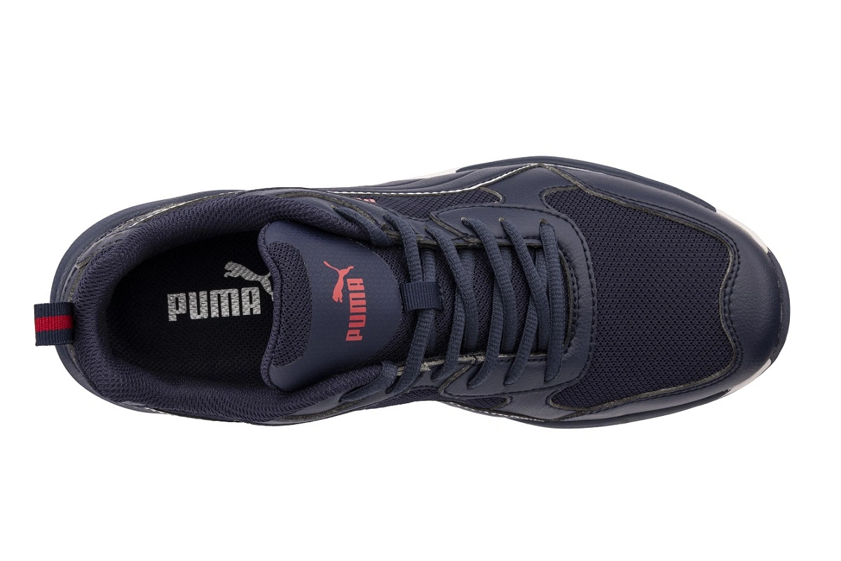 Granatowe buty ochronne Puma Shift Blue Low z widocznym systemem sznurowania oraz wyściółką wewnętrzną
