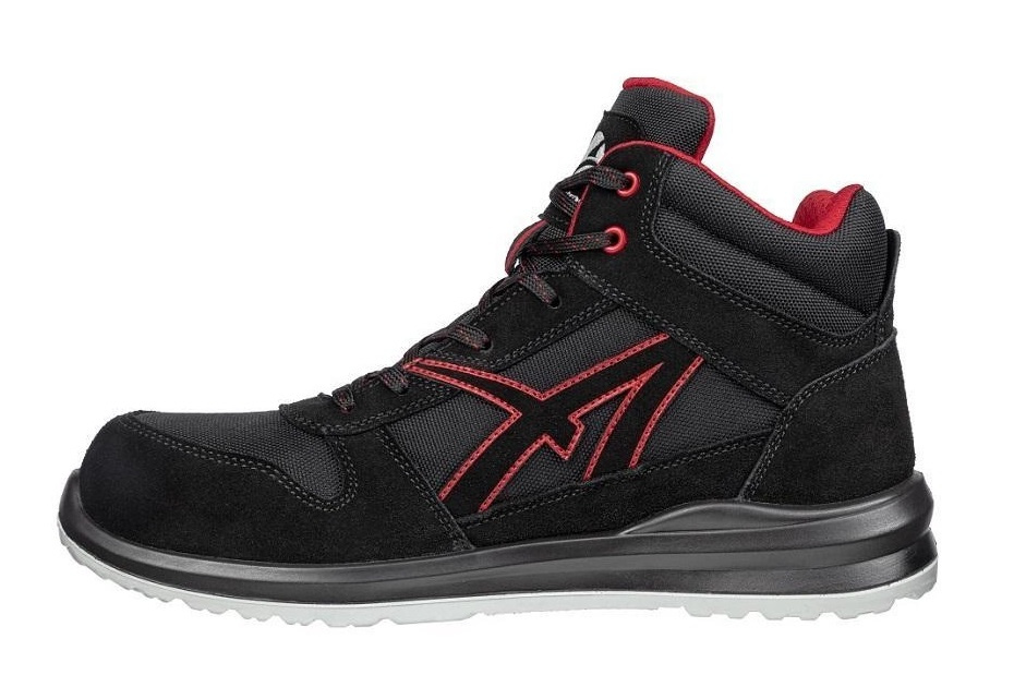 Buty ochronne Albatros Clifton S3 prezentujące czarno-czerwoną cholewkę i system sznurowania
