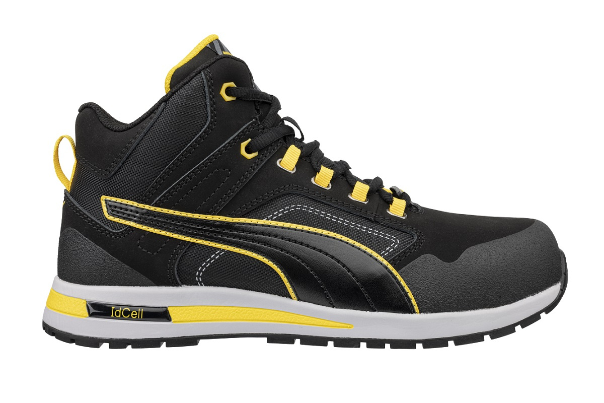 Buty robocze Puma Crosstwist Black SB 63.313.0 - widok boczny trzewika męskiego w kolorze czarno-żółtym