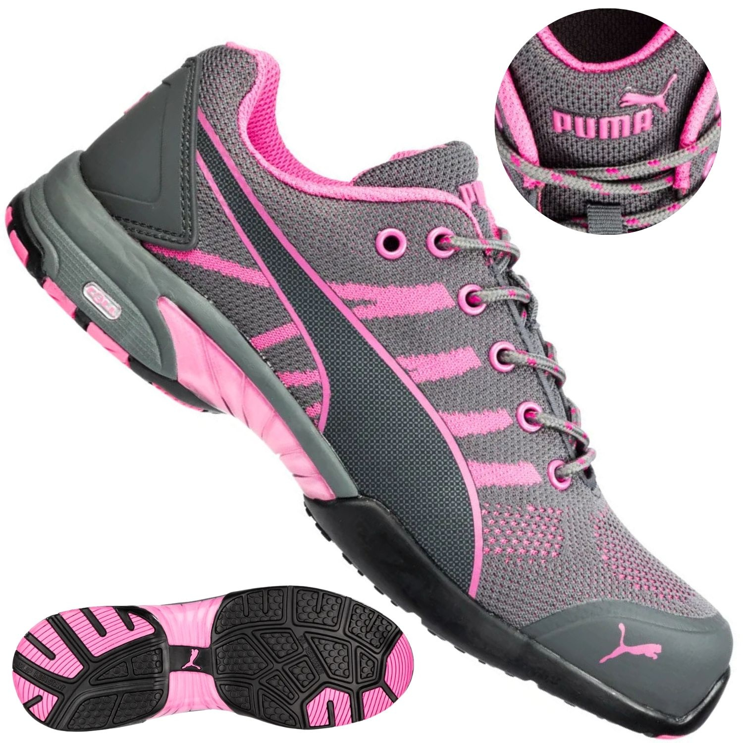 Widok z góry na damskie półbuty ochronne Puma Celerity Pink Wns S1, prezentujący anatomiczny kształt cholewki i system sznurowania