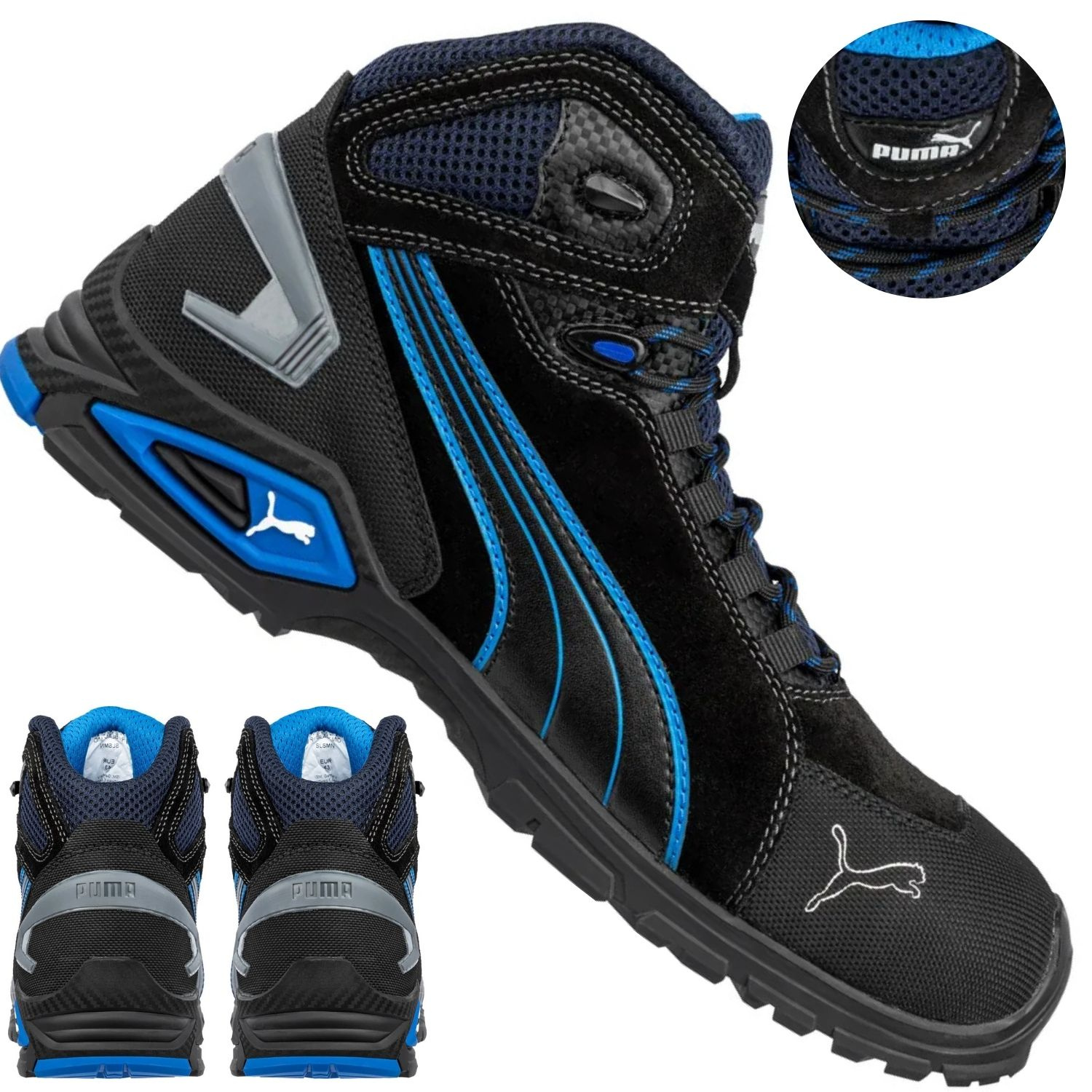 Detale wykończenia i elementy ochronne w męskich trzewikach Puma Rio Black Mid S3 63.225.0