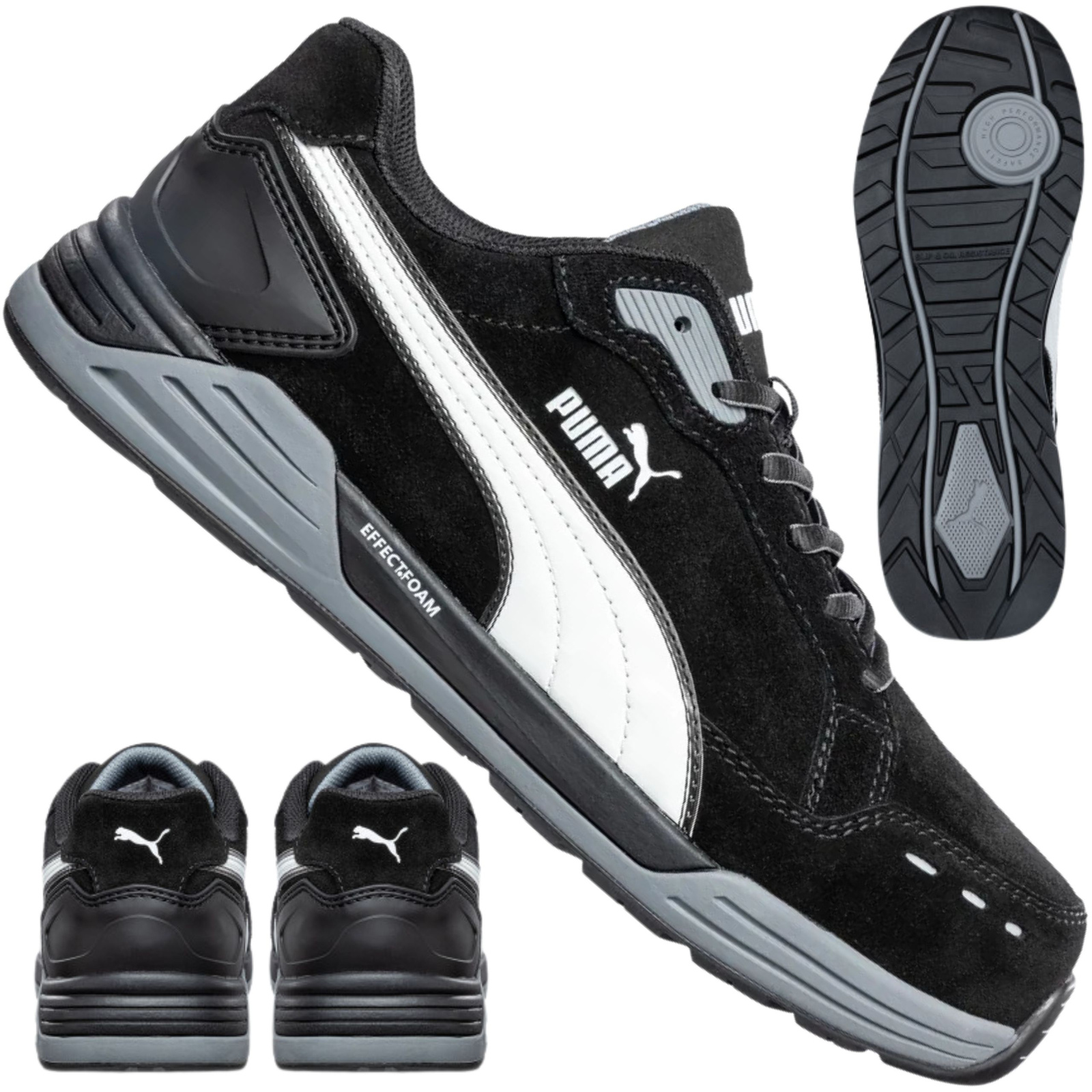 Buty Puma Airtwist Black Low S3 zaprezentowane z różnych perspektyw: z boku, od pięty i od spodu