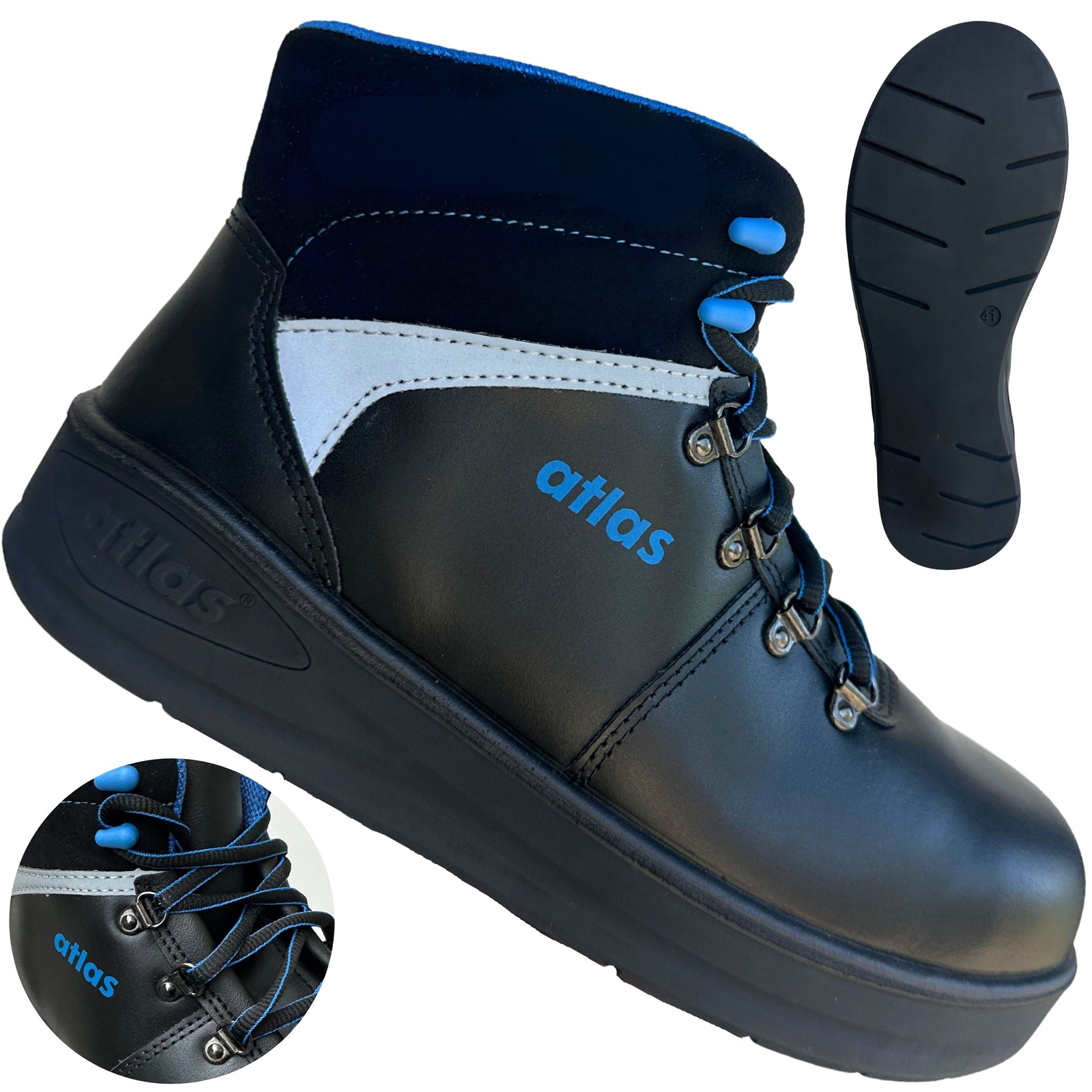 Buty Atlas Thermotech 800 S3 rozmiar 43 zestaw zdjęć prezentujących cholewkę, sznurowanie i podeszwę