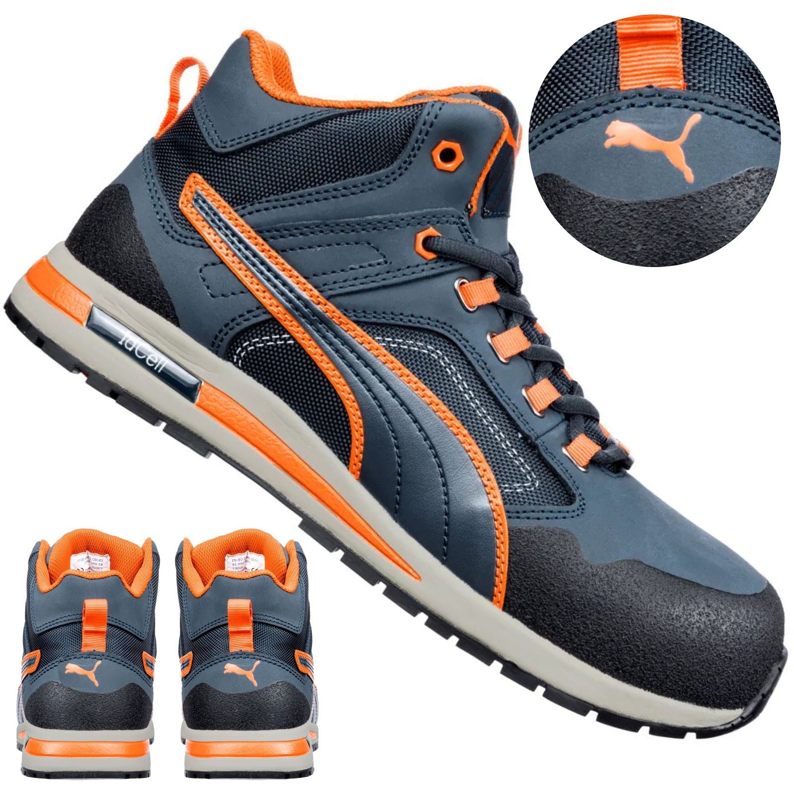 Ogólny widok pary butów Puma Crosstwist Mid S3 63.314.0 w dynamicznej granatowo-pomarańczowej stylistyce