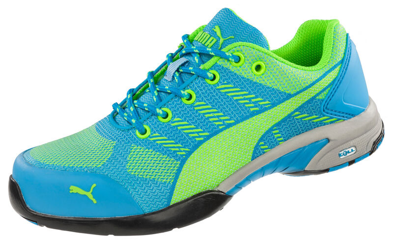 Widok z góry na system sznurowania i wnętrze butów Puma Celerity Knit Blue Low S1P