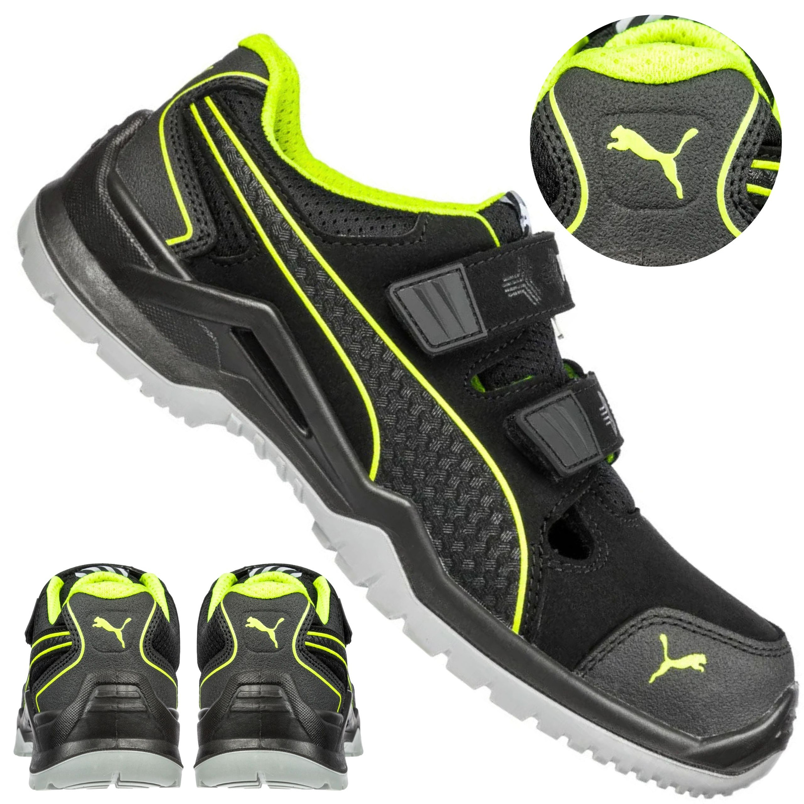 Para sandałów ochronnych Puma Neodyne Green S1P z dwoma paskami na rzepy i wzmocnionym zapiętkiem