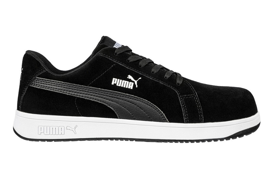 Czarne półbuty ochronne Puma Iconic Suede Black Low S1P 64.001.0 w rozmiarze 41 z białą podeszwą, widok z boku