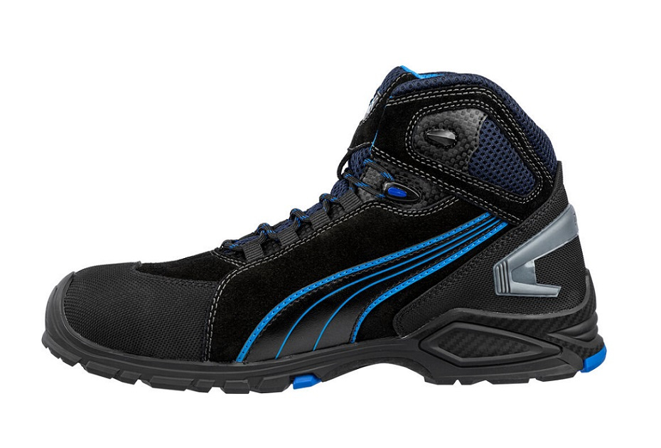 Buty robocze Puma Rio Black Mid S3 63.225.0 - widok z boku, kolor czarny z niebieskimi detalami