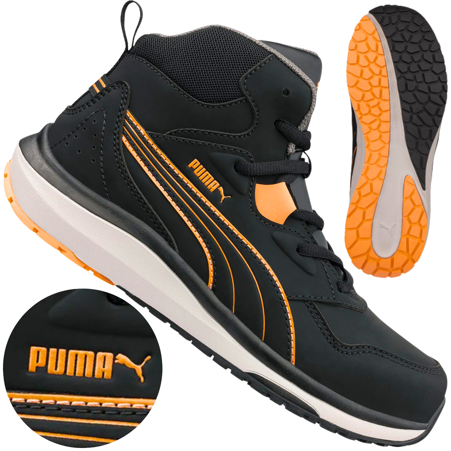 Ogólny wygląd damskich trzewików Puma Stepper S3S 63.294.0 wraz z detalami podeszwy i logotypem