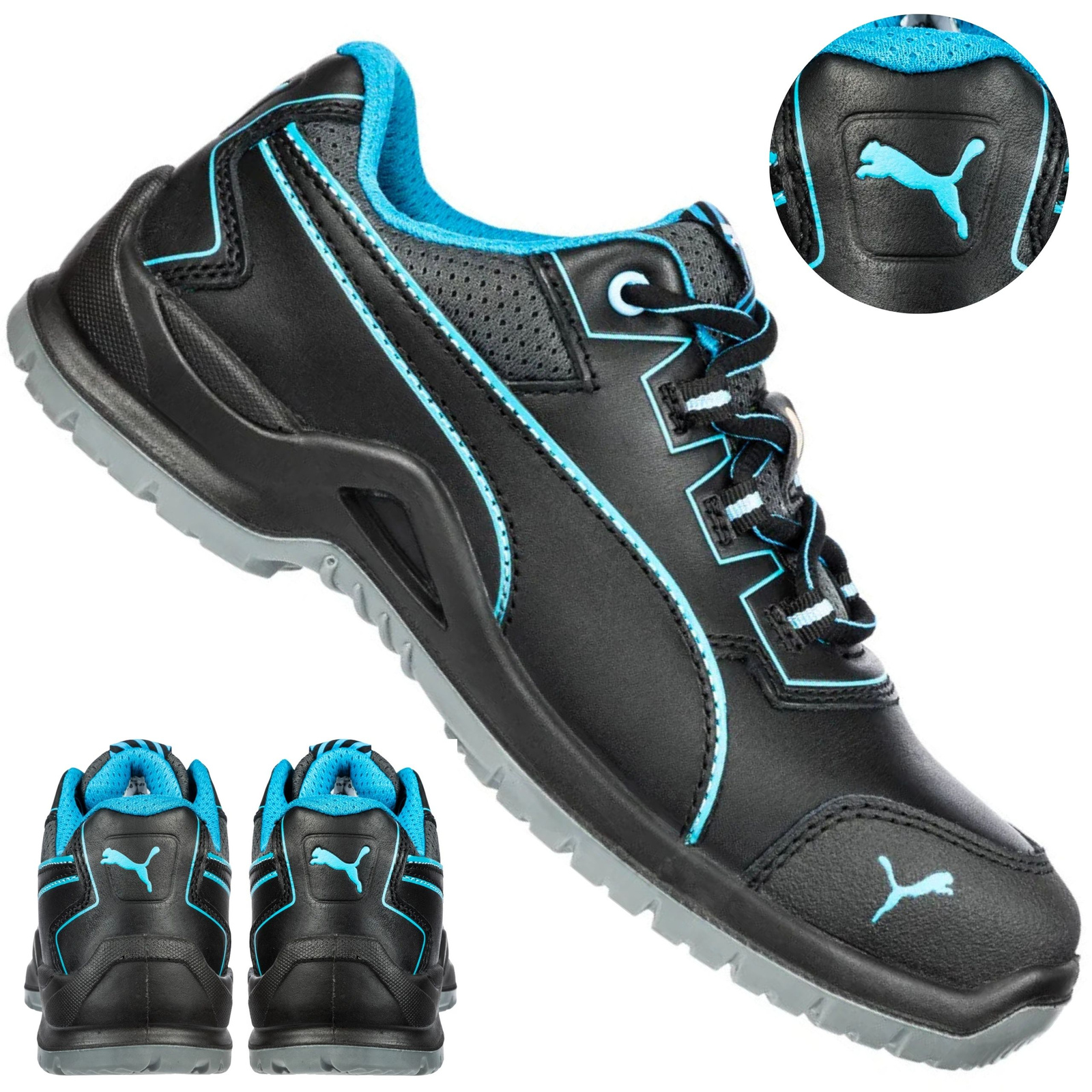 Para butów Puma Niobe Blue Low S3 prezentująca cholewkę i podeszwę od spodu