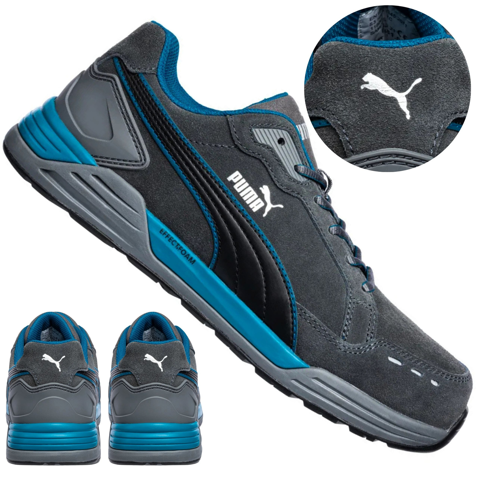 Puma Airtwist Grey Low S3 - szczegóły cholewki i podeszwy z oznaczeniami HRO i ESD