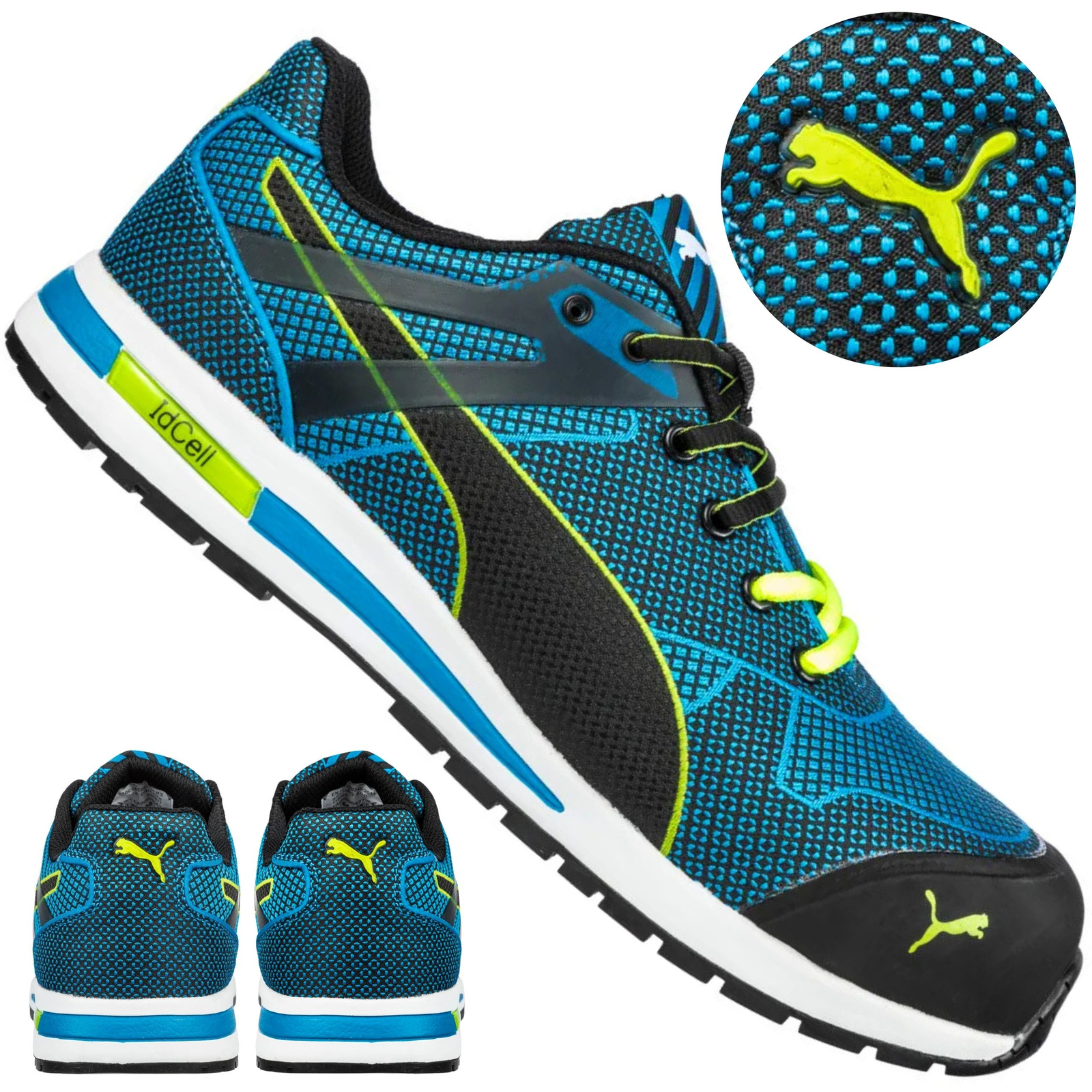 Zbliżenie na system sznurowania i usztywniony zapiętek w półbutach ochronnych Puma Blaze Knit Low S1P 64.306.0 rozmiar 41