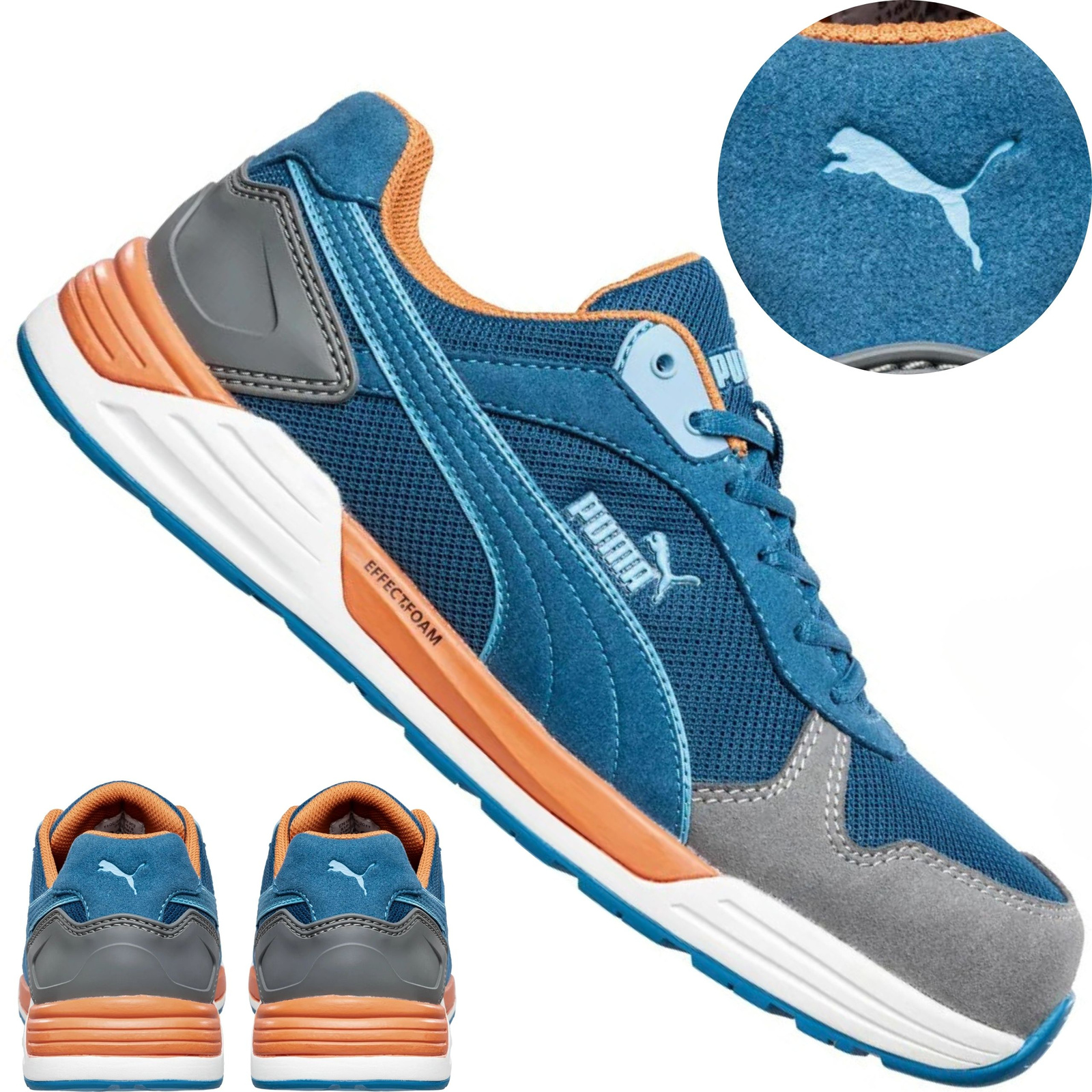 Zbliżenie na cholewkę i podeszwę butów roboczych Puma Frontside Blue Low S1P 64.464.0