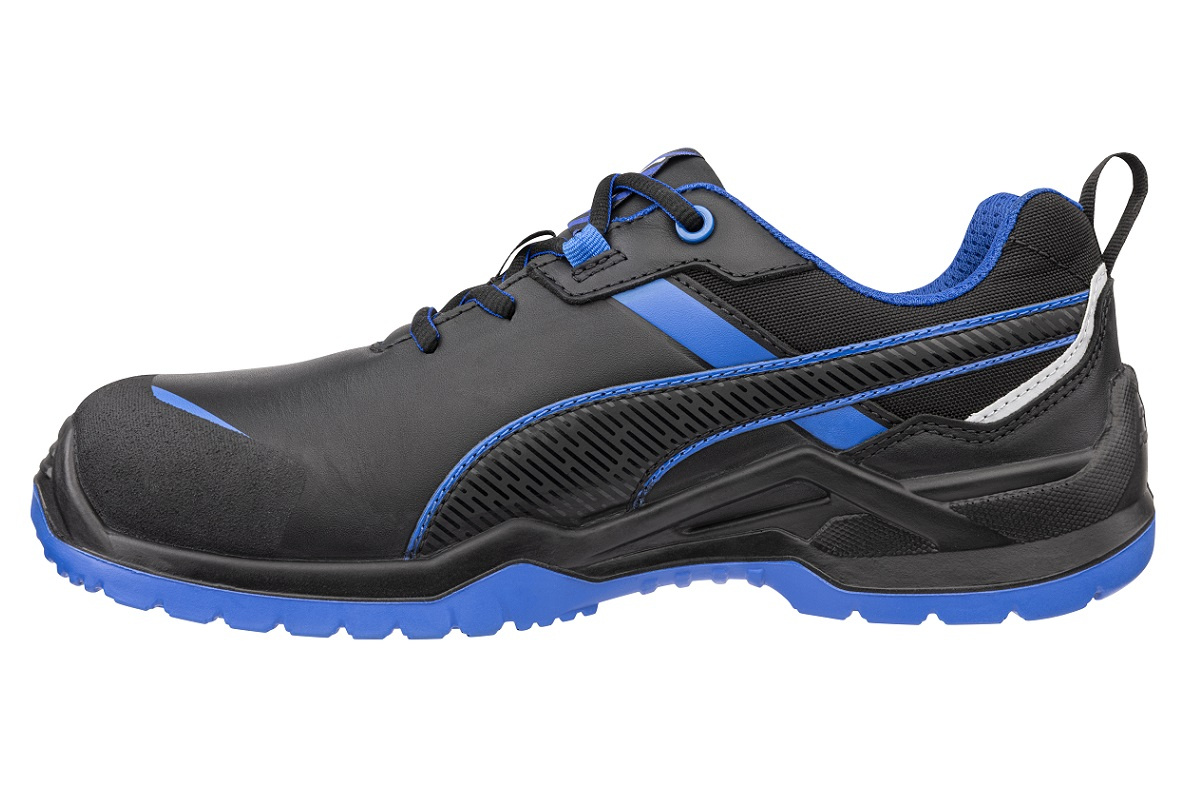 Buty robocze Puma Krypton Blue Low S3S – widok zewnętrznej strony cholewki z niebieskimi wstawkami