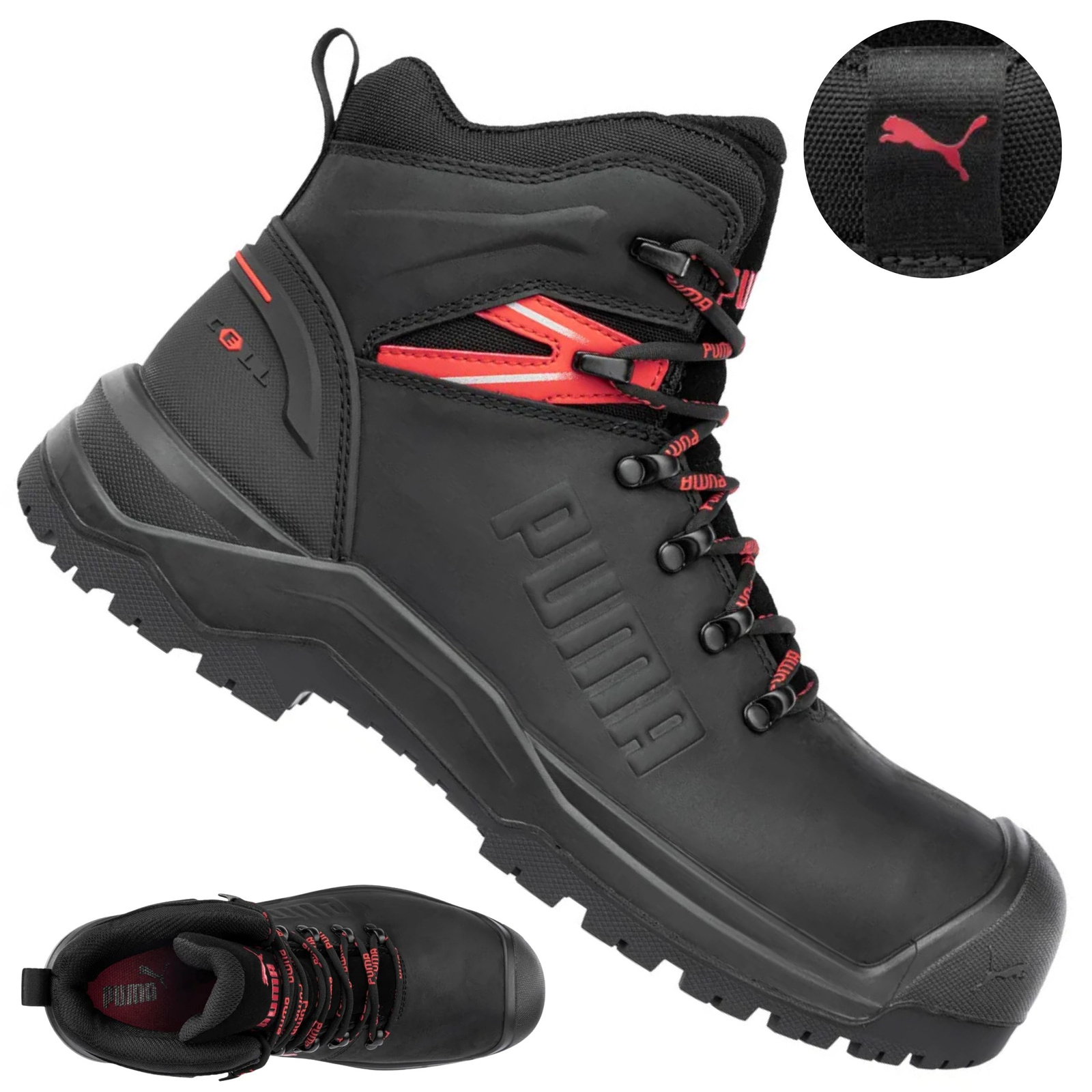 Tylny profil butów ochronnych Puma Iron HD Mid S3S z czerwonymi detalami