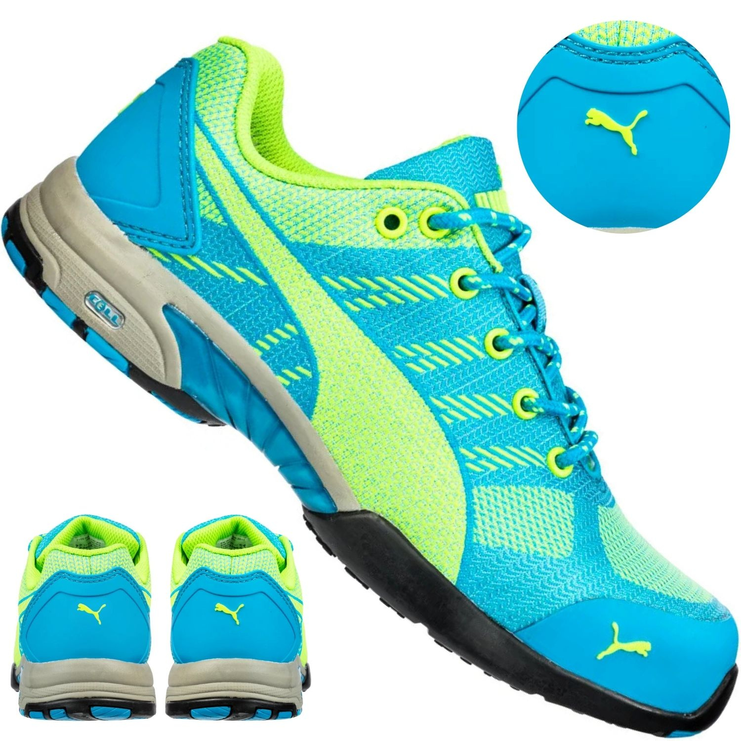 Zbliżenie na wyściółkę i logo w damskich półbutach ochronnych Puma Celerity Knit Blue Low S1P