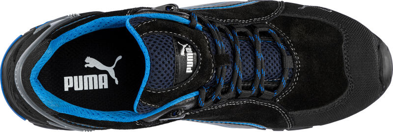 Zbliżenie na system sznurowania oraz wykończenie cholewki butów Puma Rio Black Low S3L 64.275.0